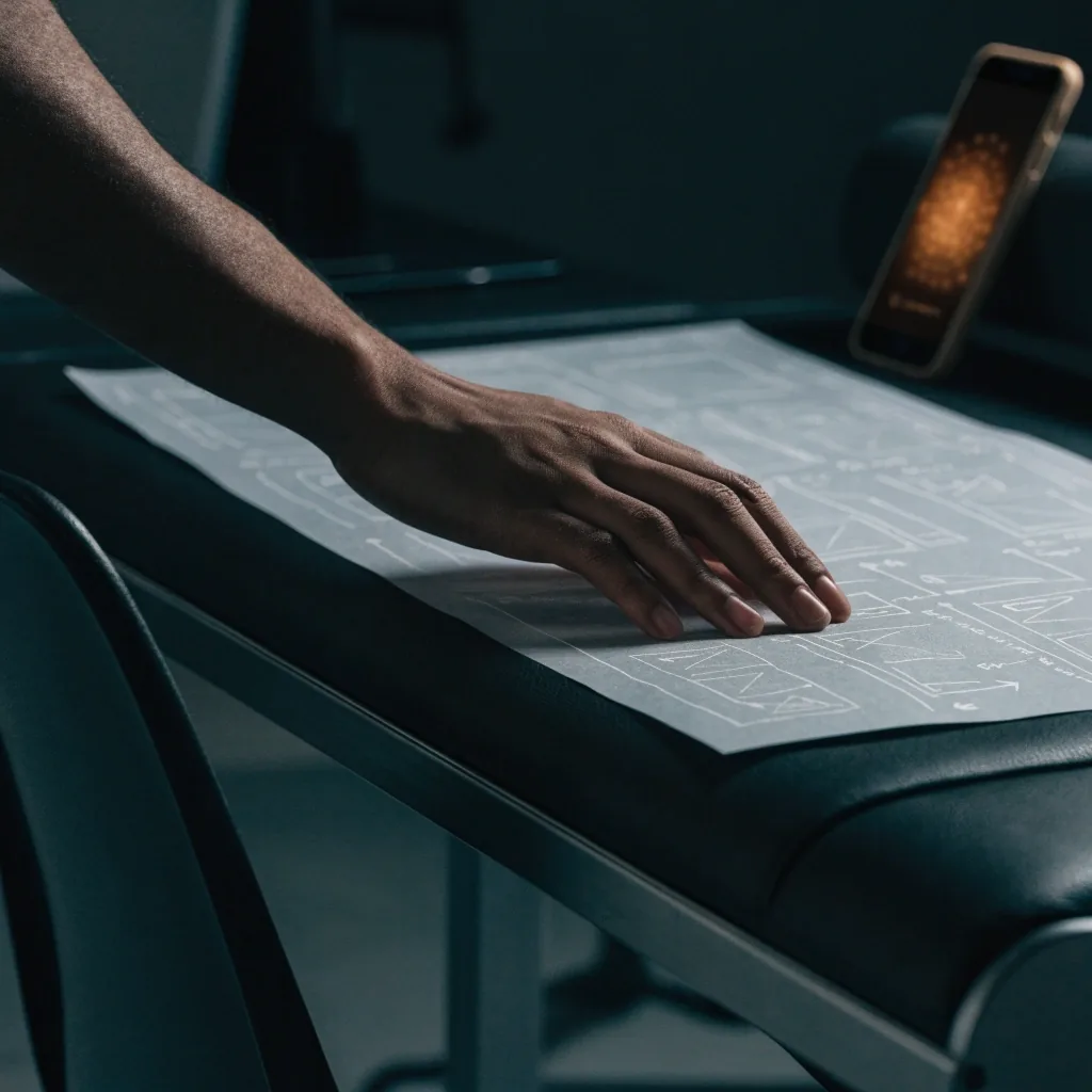 A laptop on a studio bench beside hand-sketched wireframes