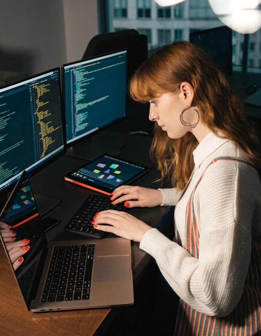 A studio workstation at dusk with keyboard and phone, cool monitor light on the wall