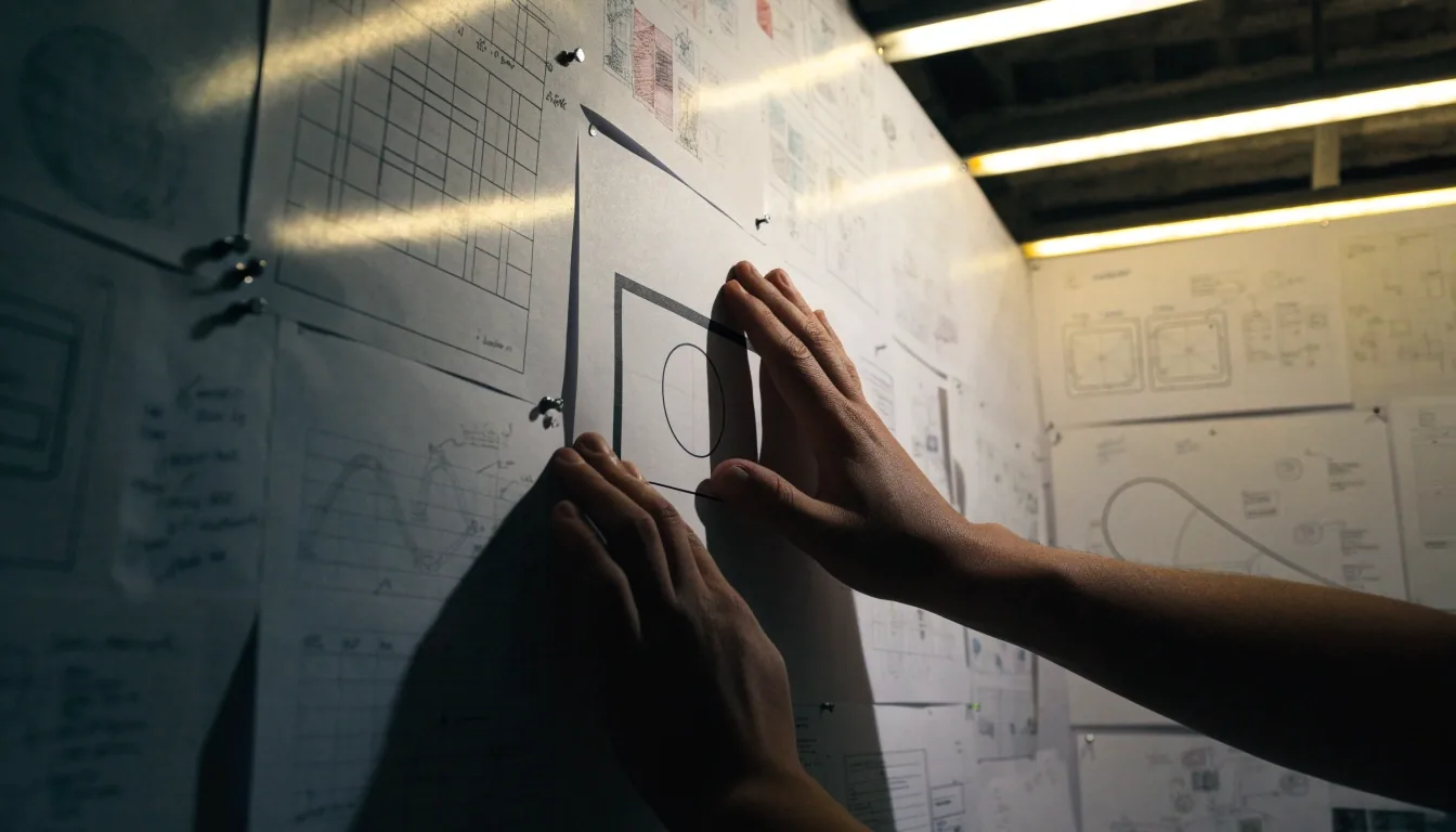 Hands pinning component frames onto a studio wall of artboards under fluorescent light