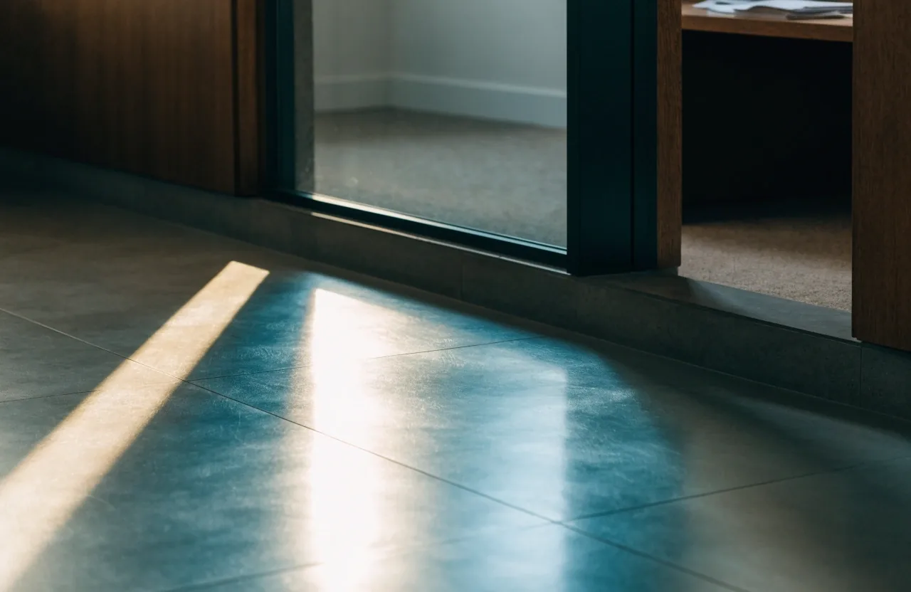 Doorway threshold of the 63 Bits studio with afternoon glare across the floor