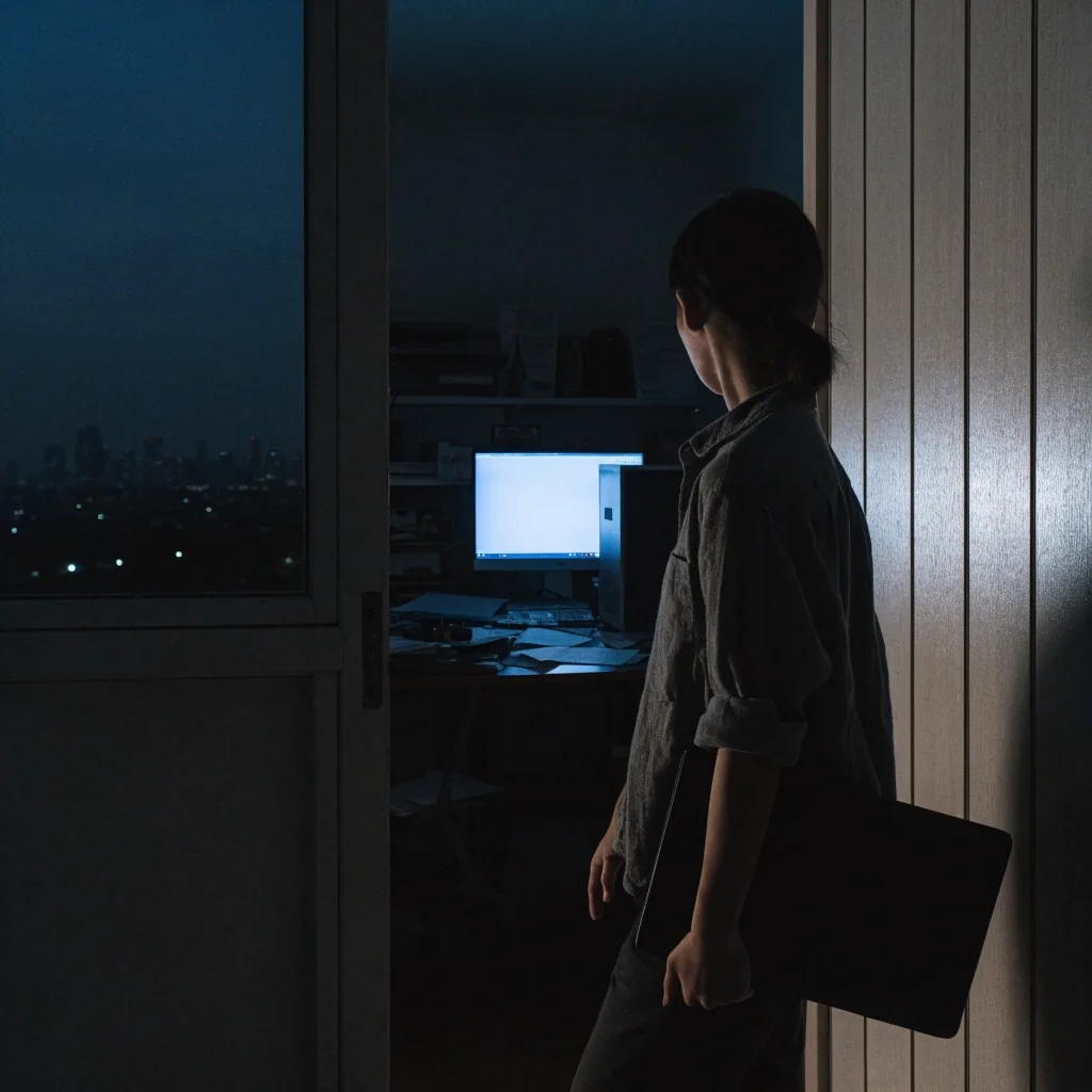 Studio desk at dusk with a keyboard and a phone lying face down