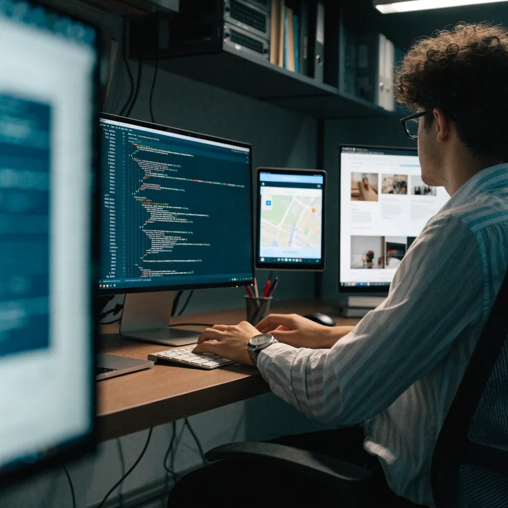 A developer at a desk working on a layout, monitors glowing out of focus