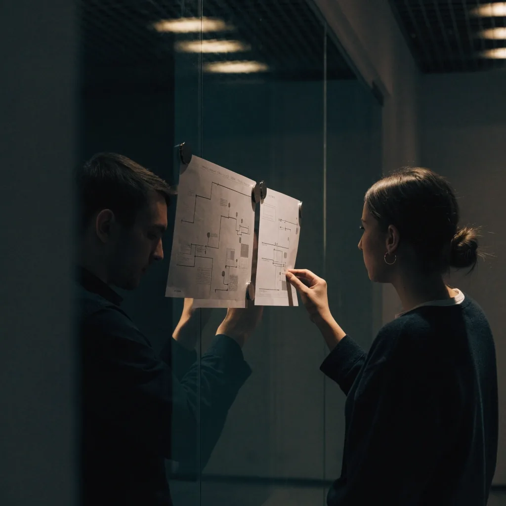 Two hands adjusting a printed component frame on a wall of pinned artboards