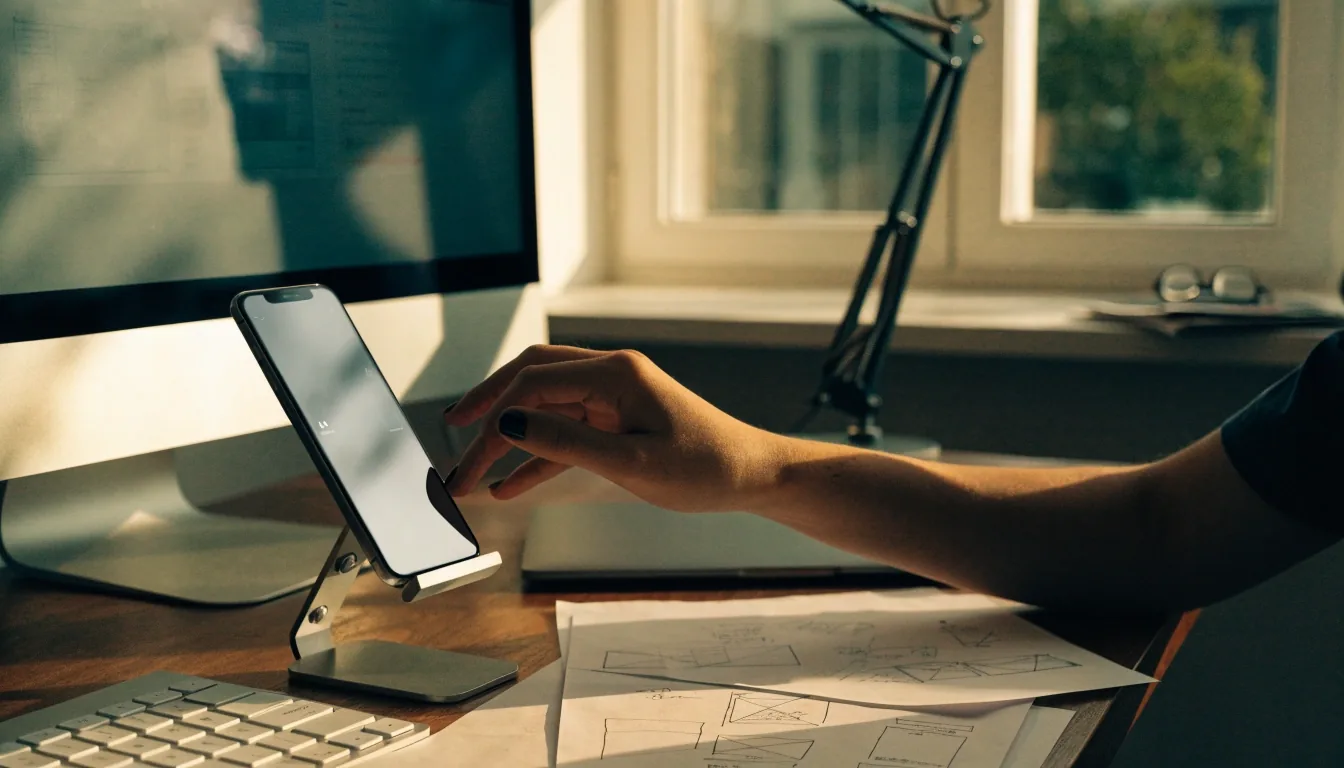 A Singapore studio desk in the afternoon, phone on a stand beside printed layout sheets and a running build