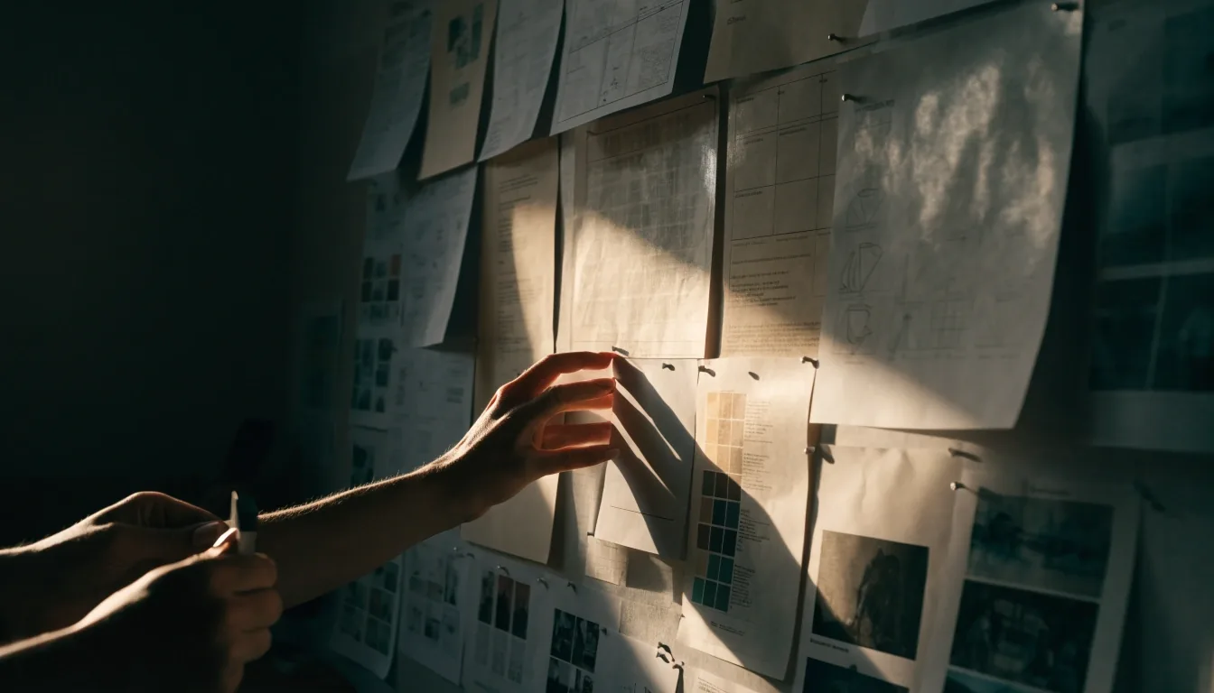 Hands rearranging printed layout sheets on a wall of pinned wireframes