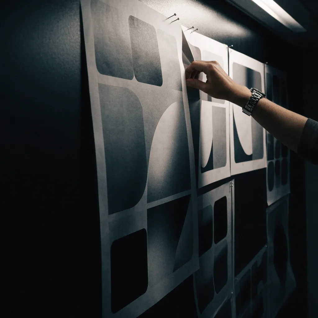 A wall of pinned printed artboards with abstract blocks and shapes