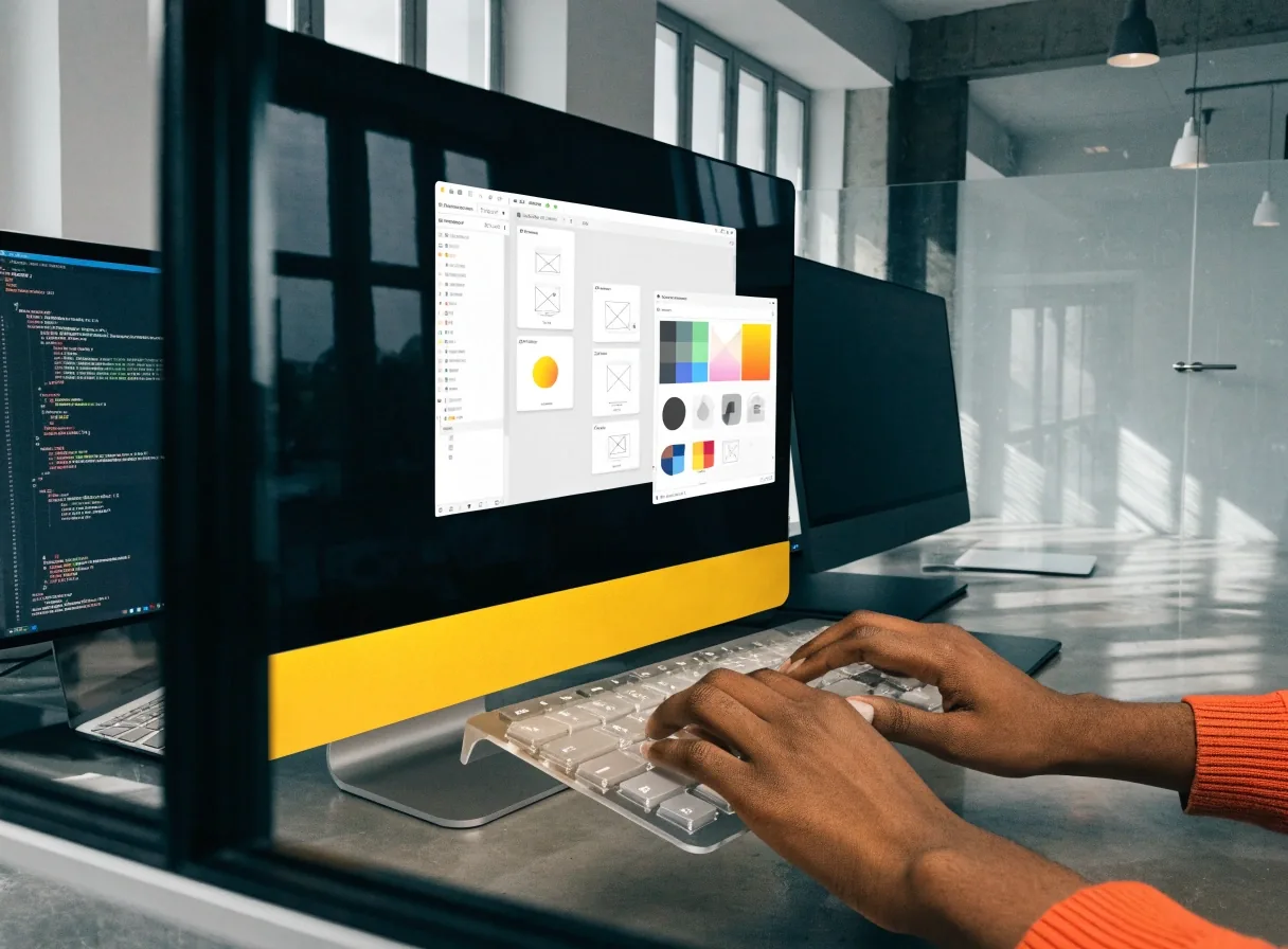 Hands working a stylus on a tablet beside a monitor showing a blurred wireframe