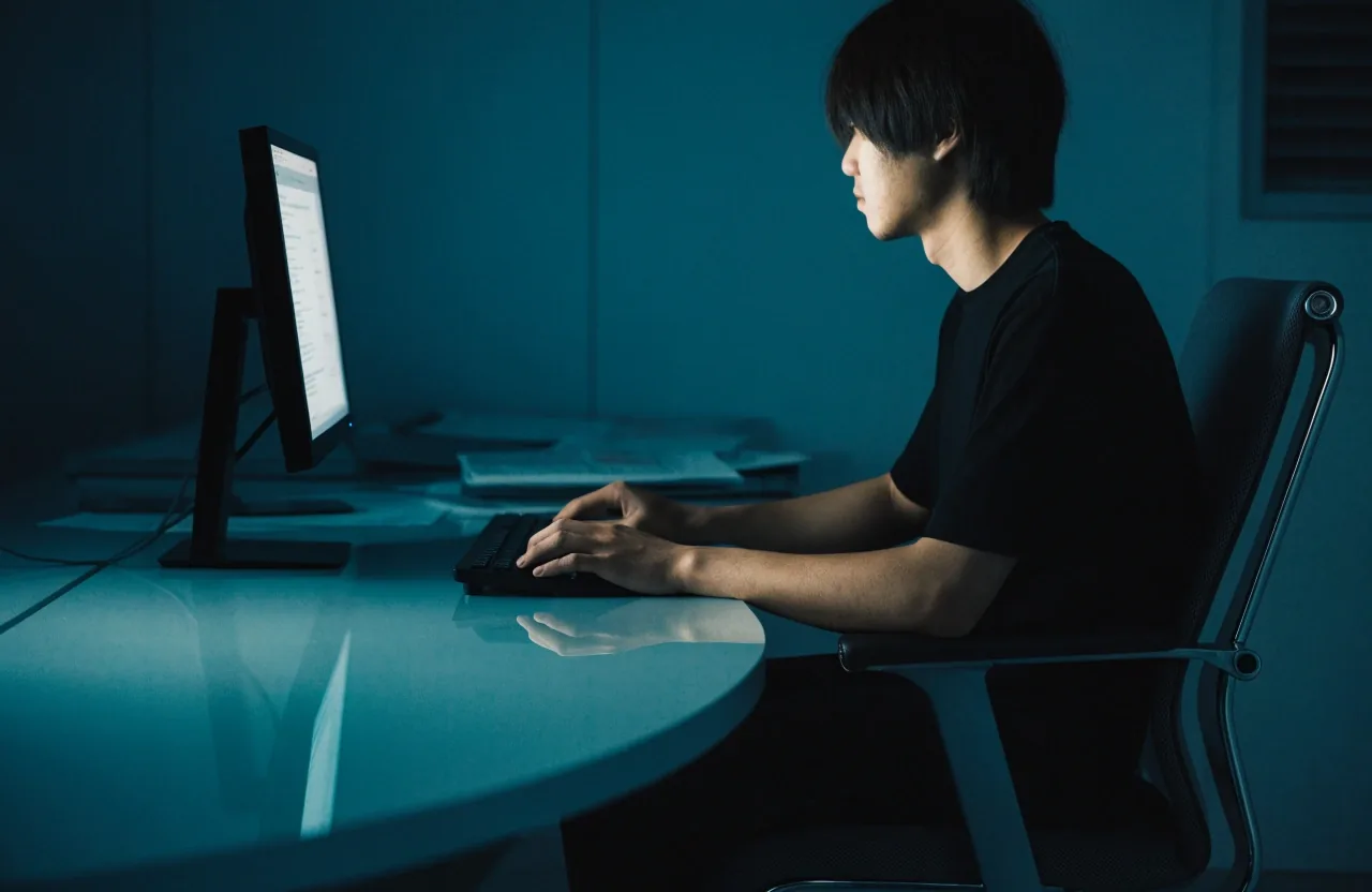 A studio team member working at a desk in low light, monitor glow on the wall behind