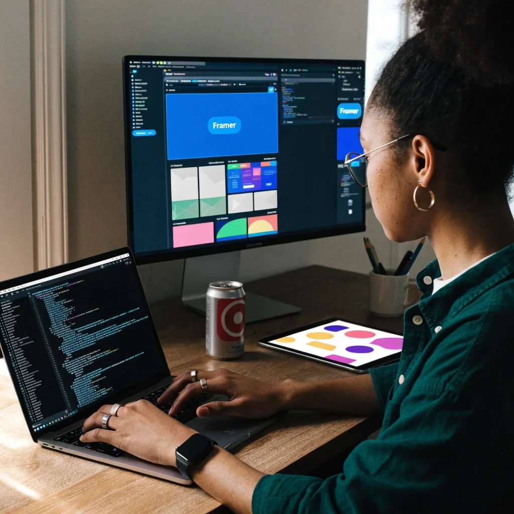 Dusk studio workstation with monitor glow across an angled desk in Singapore