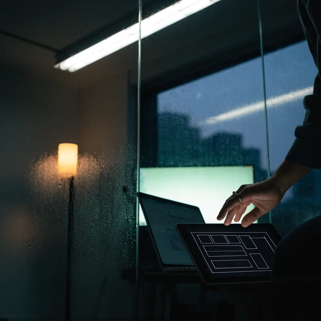 Singapore studio interior at dusk with monitor glow on the back wall