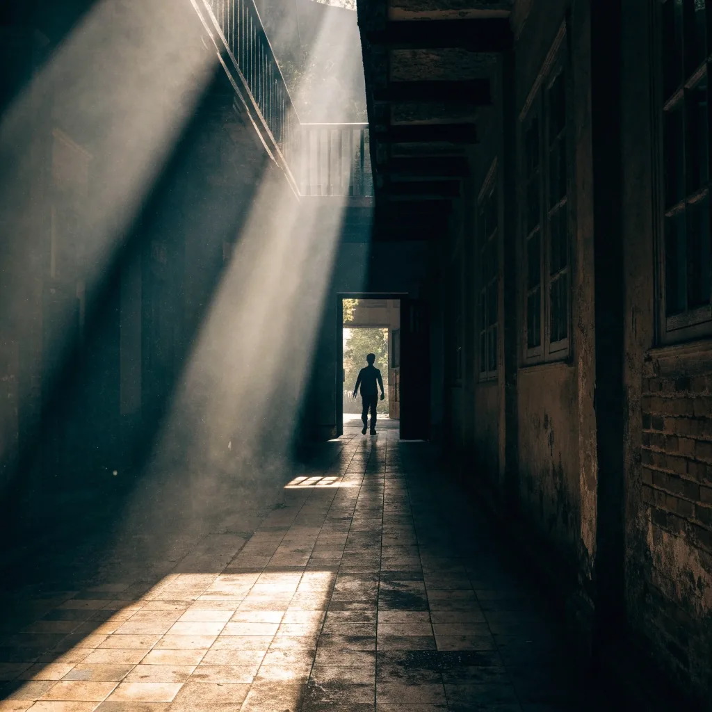 A shophouse corridor in the afternoon with hard sunlight across the floor tiles and a figure walking at the far end