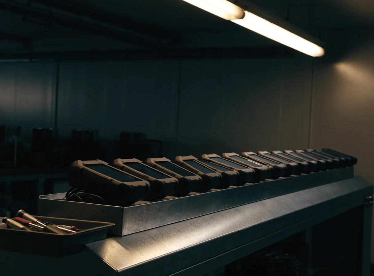 A row of identical rugged Android handhelds on a workbench under a single overhead light