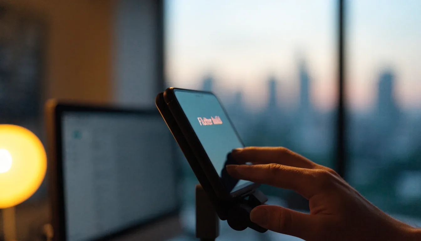 A Singapore studio workstation at dusk with a mobile build on a phone stand and a second screen glowing out of focus